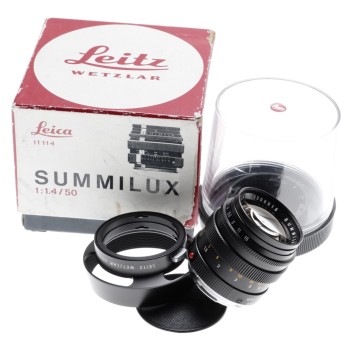 LEICA Summilux 1:1.4/50mm 11114 Black M mount lens f=50mm 12586 hood Keeper box