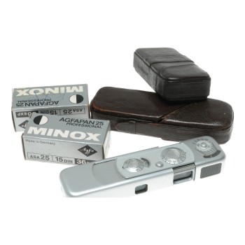Minox B aluminium case spy sub-miniature film camera leather case Agfapan expired film