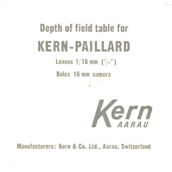 Kern-paillard depth of field table 16mm camera lenses